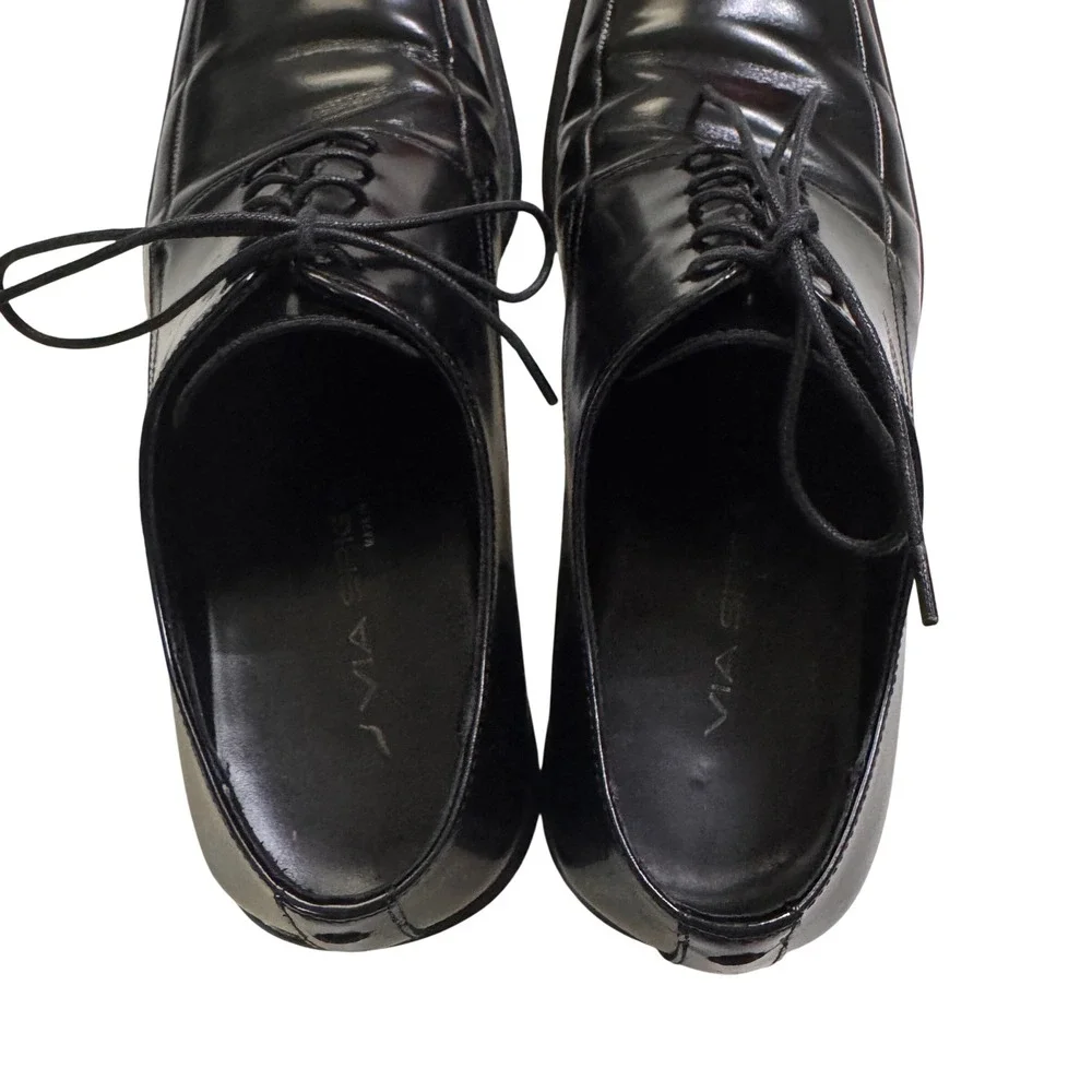 Via Spiga Dress Shoes 10.5 Black Square Toe Leather Lace Up Made in Italy 86